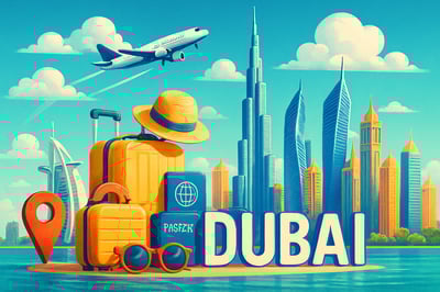 Dubai skyline with iconic landmarks and travel elements